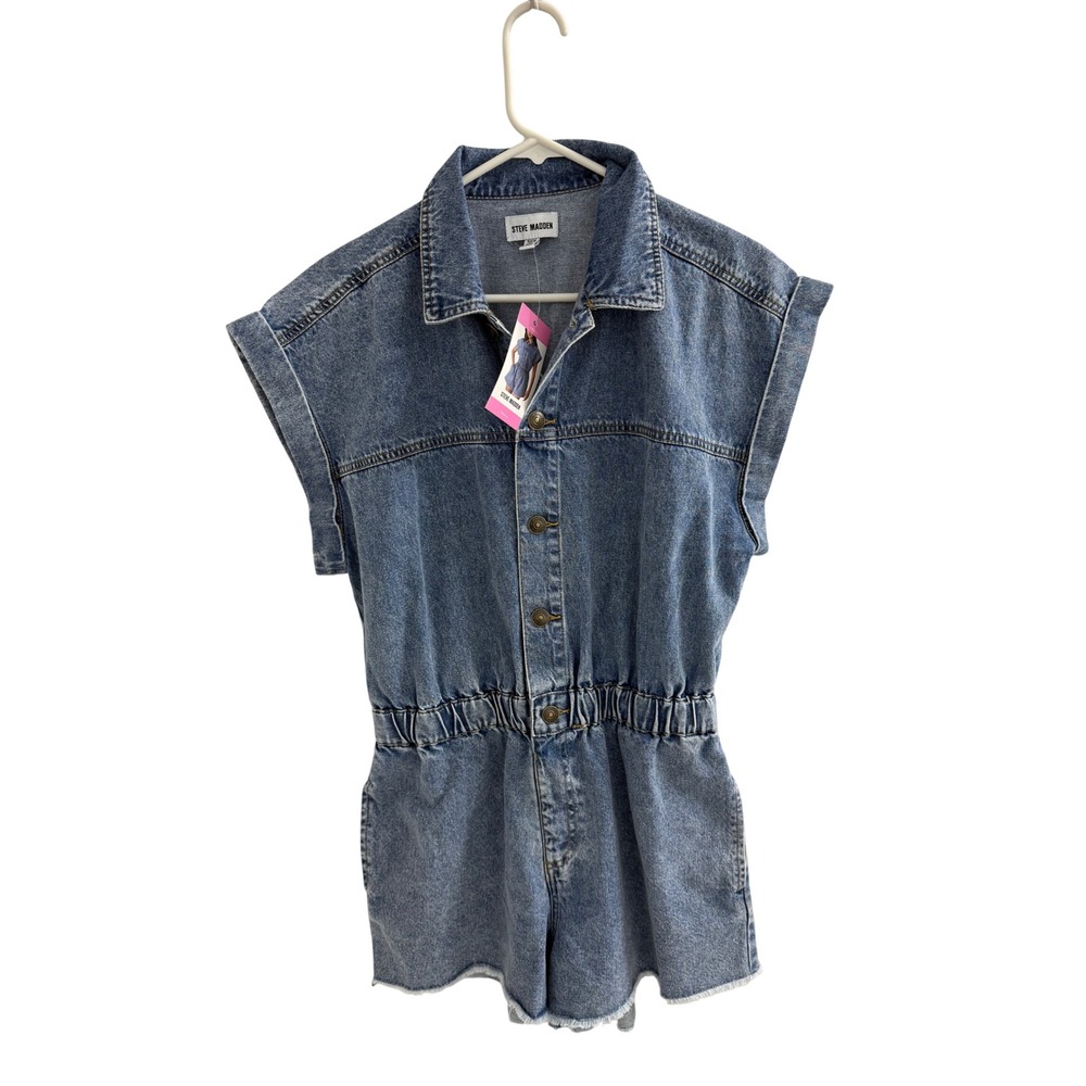 Steve Madden Blue Denim Romper Button Front Elastic Waist Pockets Small NWT